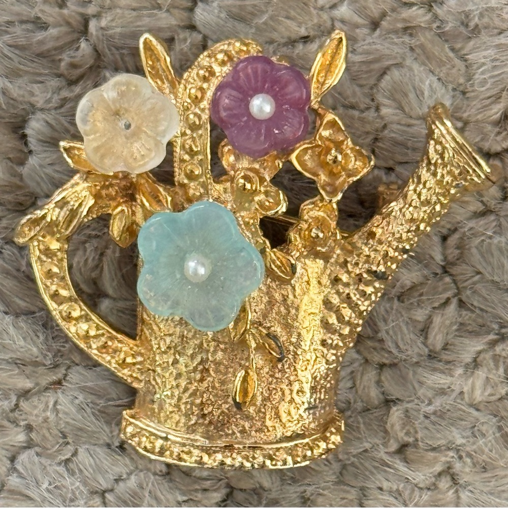 Vintage Gold Watering Can Brooch with Colorful Flowers